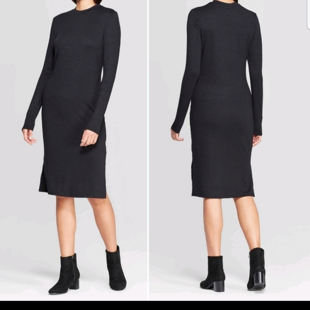 Prologue Black Long Sleeve Crew Neck Knit Midi Dress Minimalist XS NWT